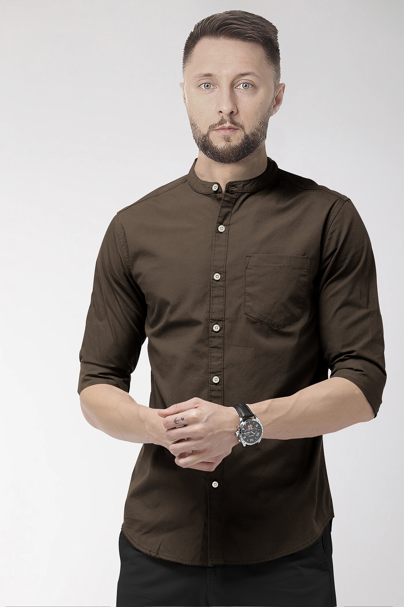Umber Brown Mandarin Collar Men's Giza Cotton Shirt