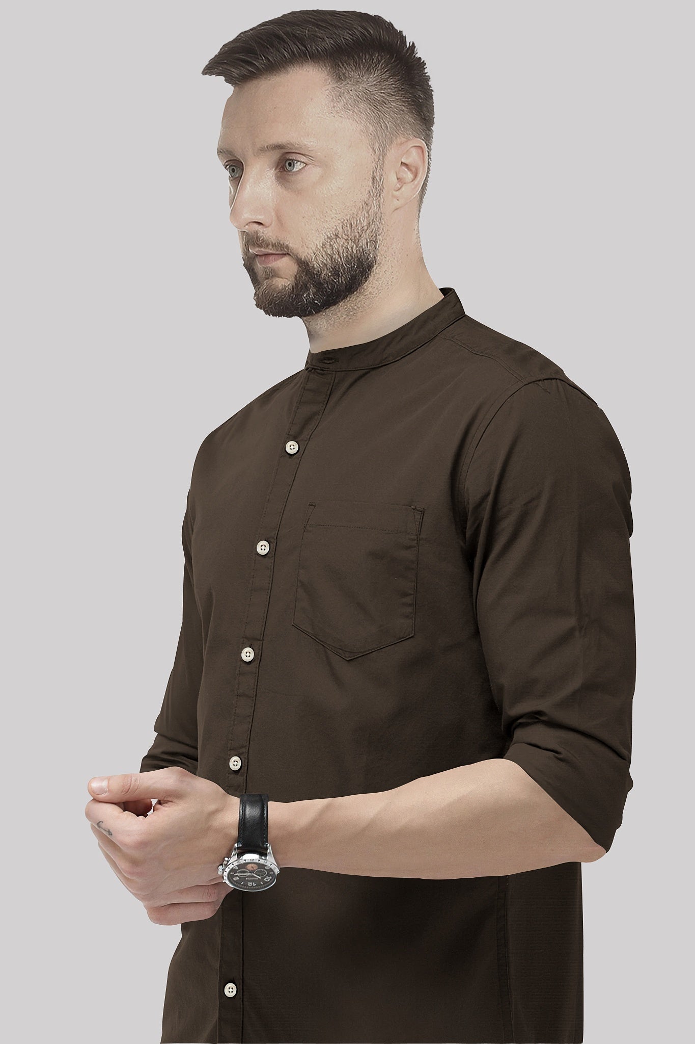 Umber Brown Mandarin Collar Men's Giza Cotton Shirt