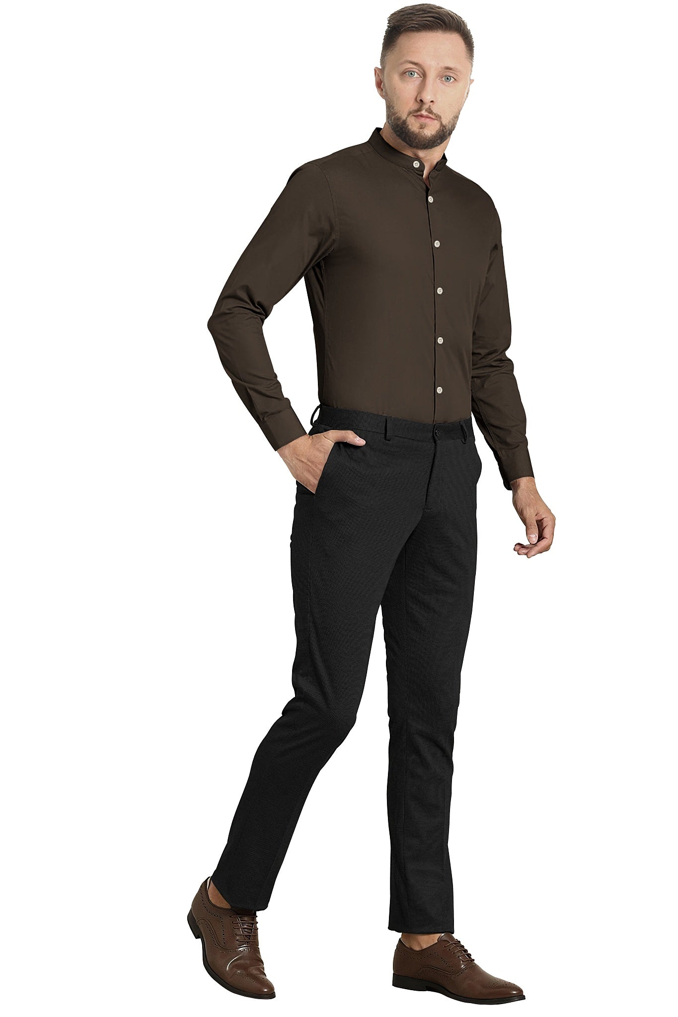 Umber Brown Mandarin Collar Men's Giza Cotton Shirt