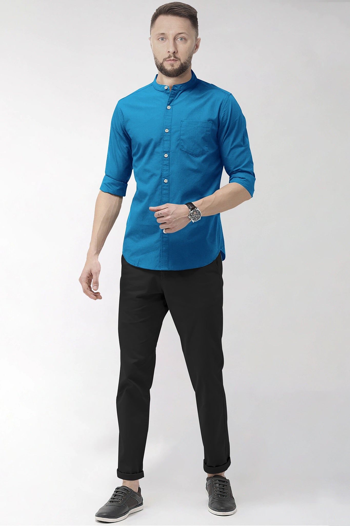 Sapphire Blue Mandarin Collar Giza Cotton Shirt