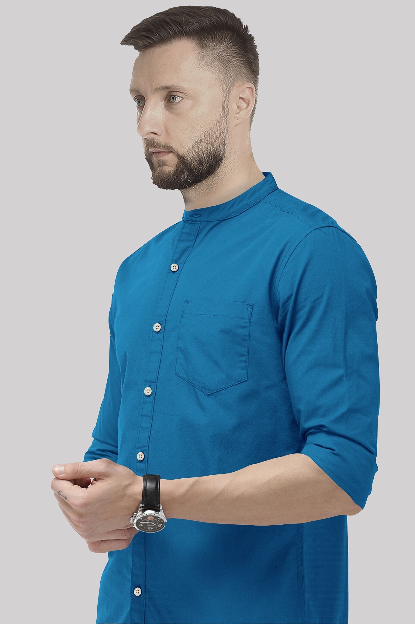 Sapphire Blue Mandarin Collar Giza Cotton Shirt