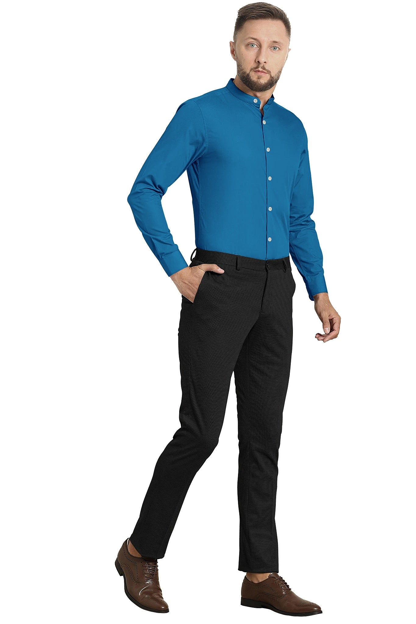 Sapphire Blue Mandarin Collar Giza Cotton Shirt
