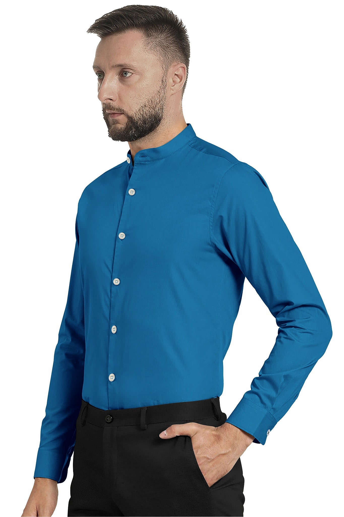 Sapphire Blue Mandarin Collar Giza Cotton Shirt