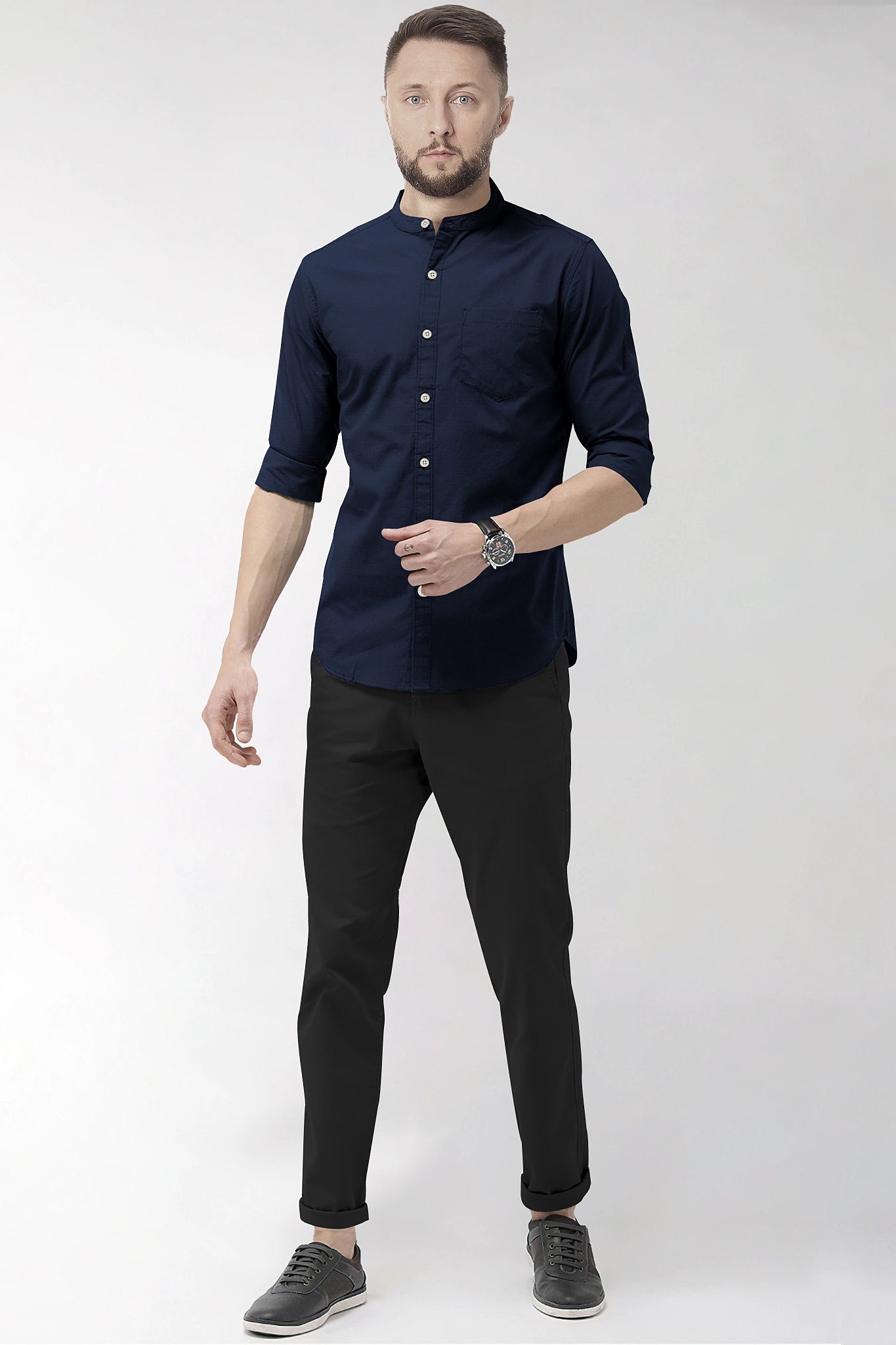 Oxford Blue Mandarin Solid Plain 100% Giza Cotton Shirt