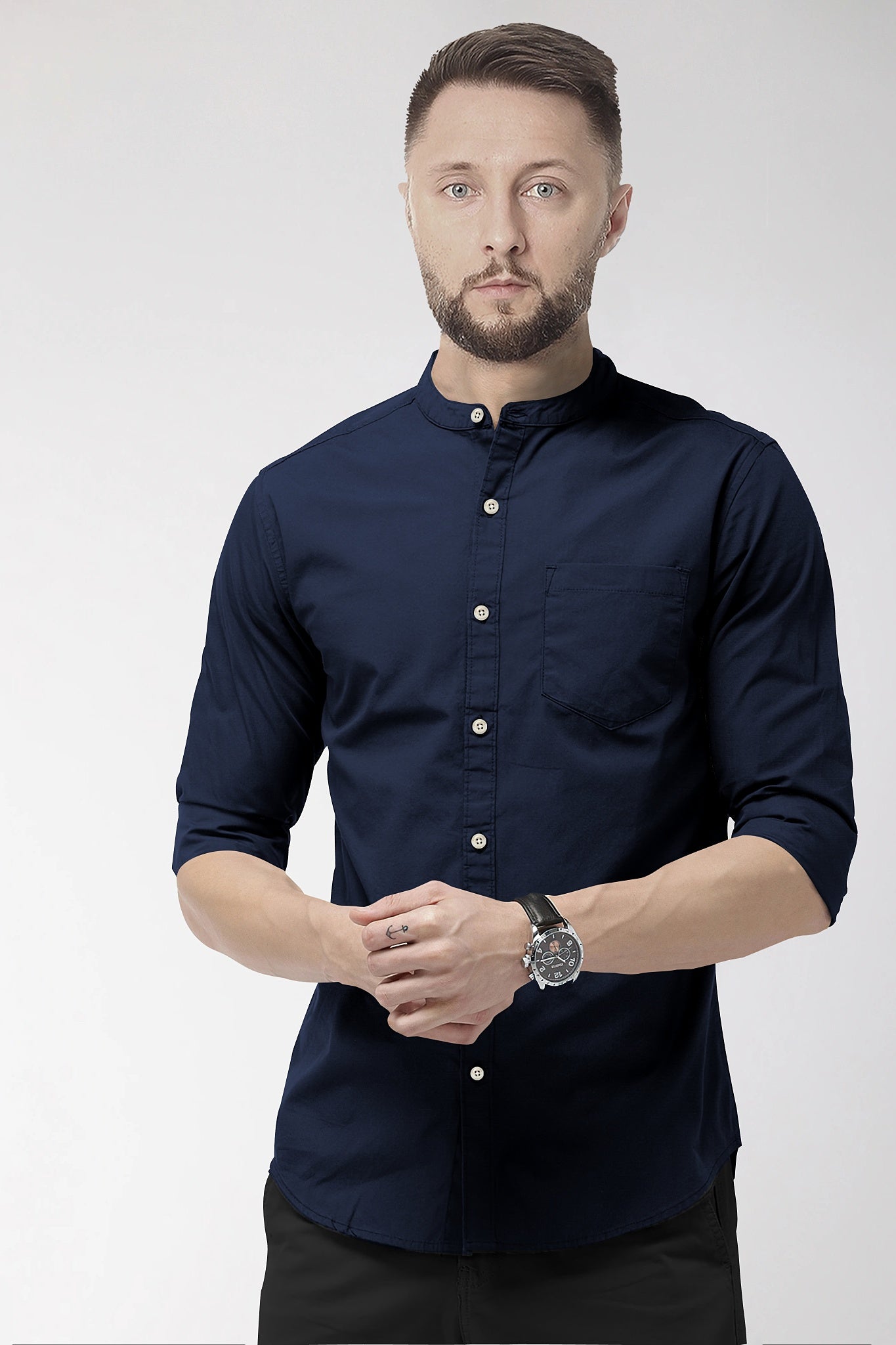 Oxford Blue Mandarin Solid Plain 100% Giza Cotton Shirt