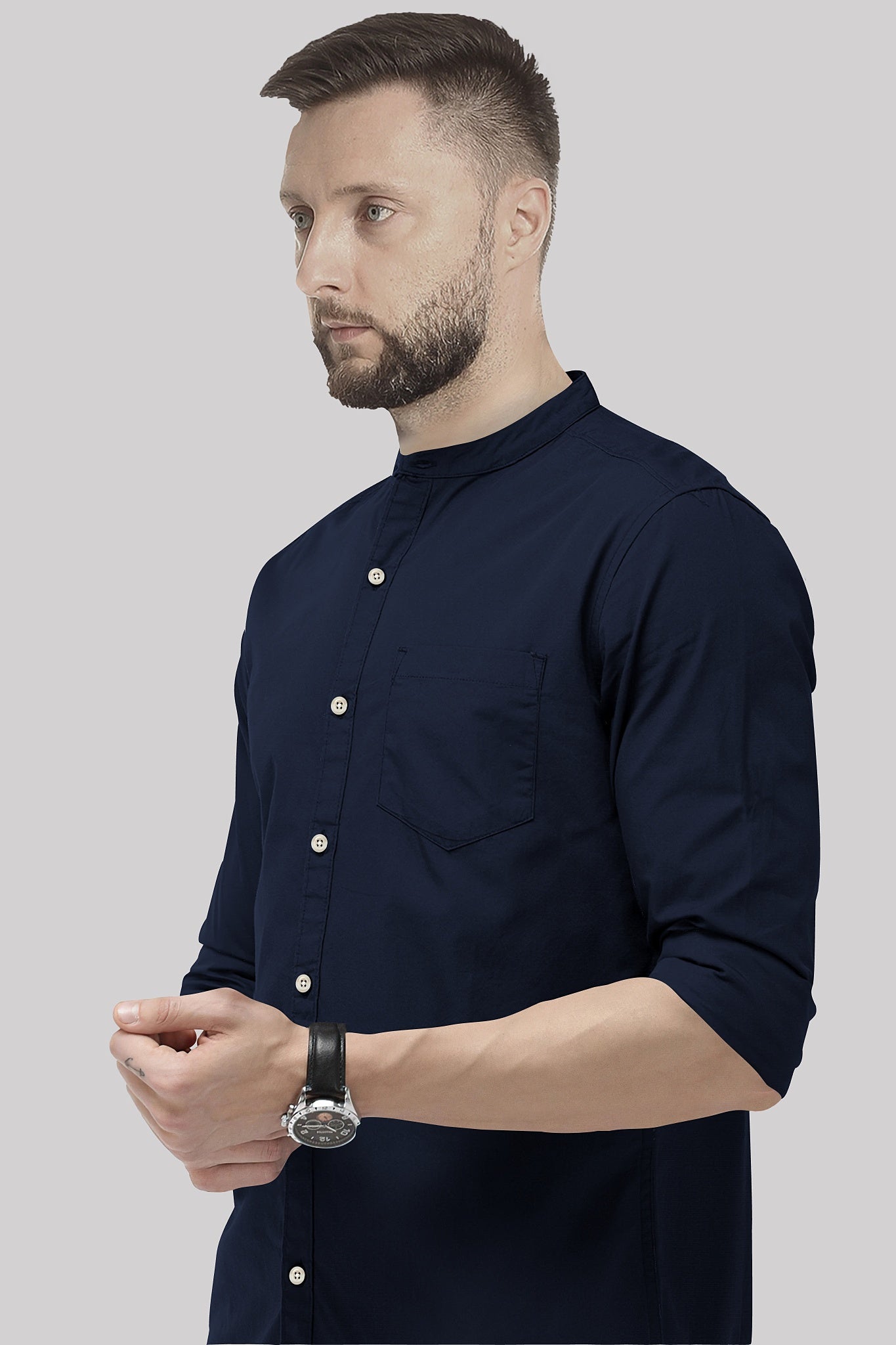 Oxford Blue Mandarin Solid Plain 100% Giza Cotton Shirt