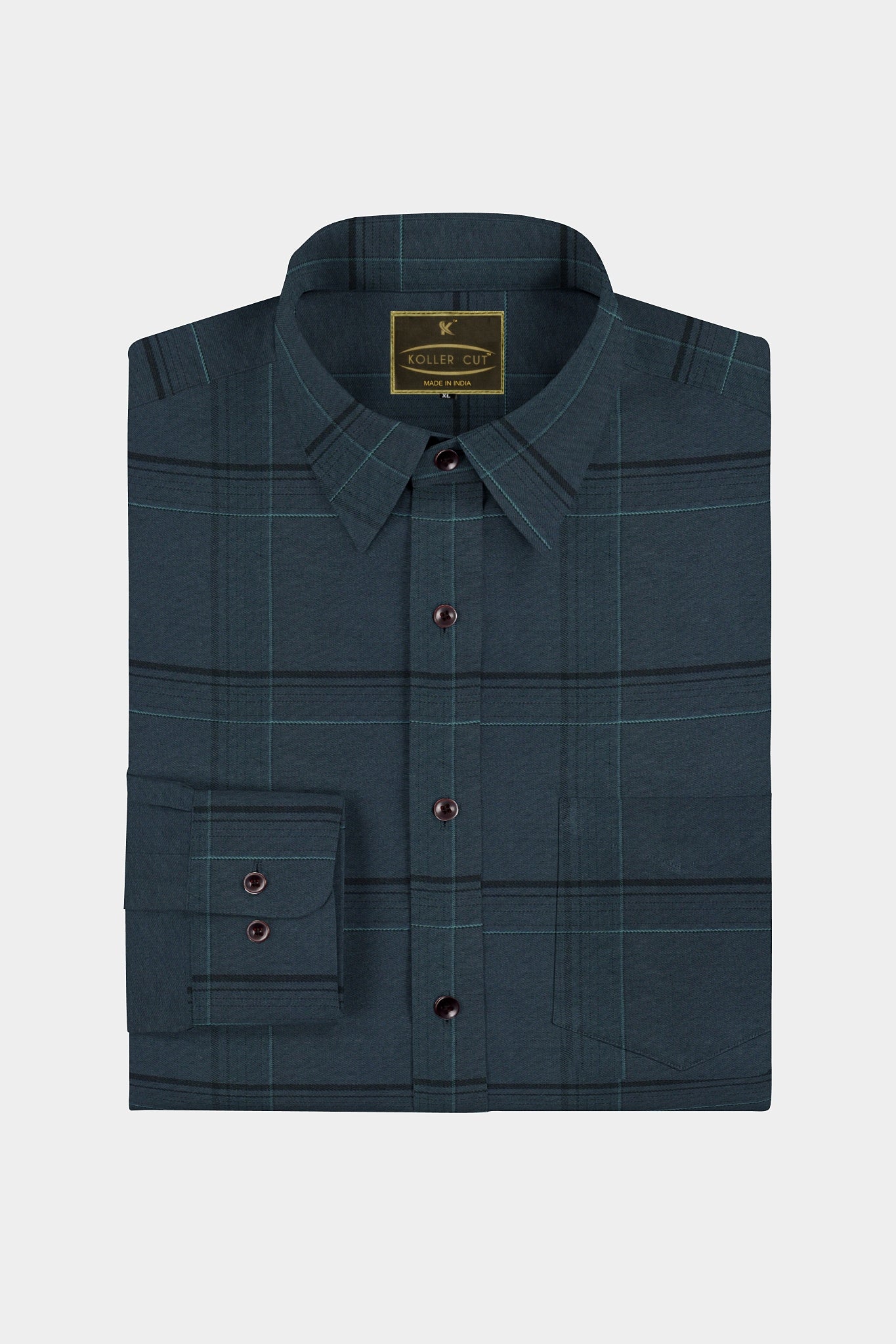 Dark Slate Gray with Black and Light Turquoise Blue Plaid Men's Cotton Shirt