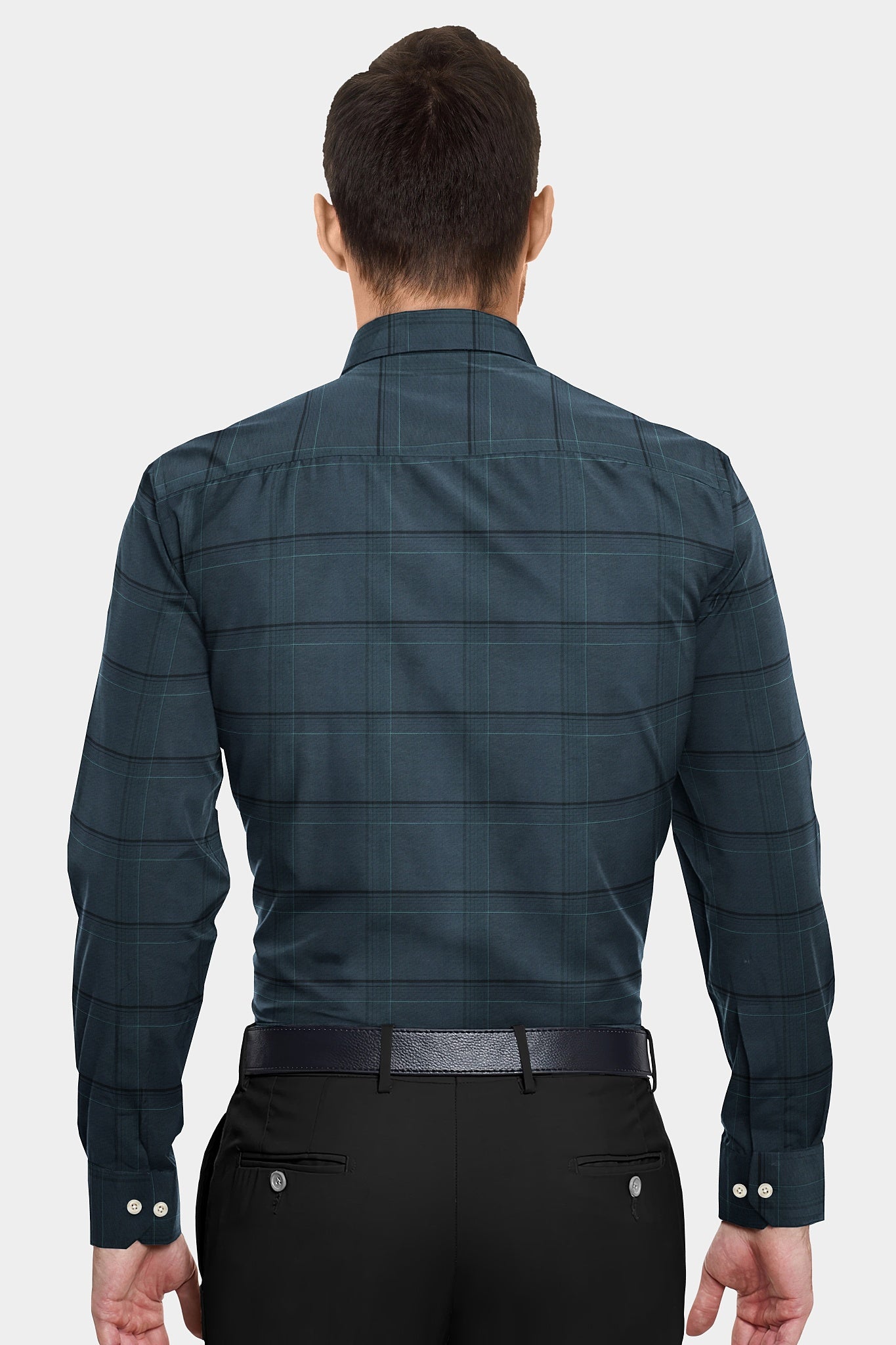 Dark Slate Gray with Black and Light Turquoise Blue Plaid Men's Cotton Shirt