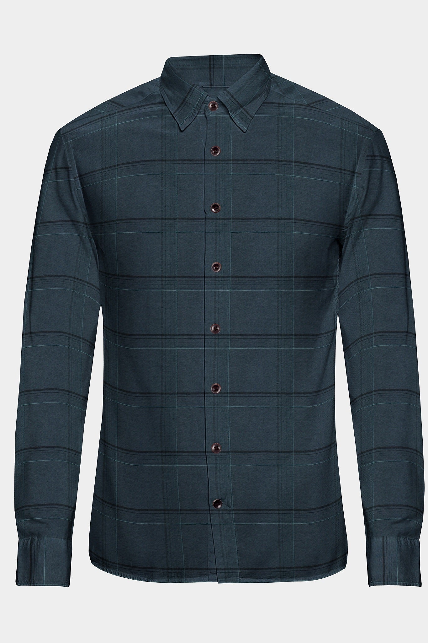 Dark Slate Gray with Black and Light Turquoise Blue Plaid Men's Cotton Shirt