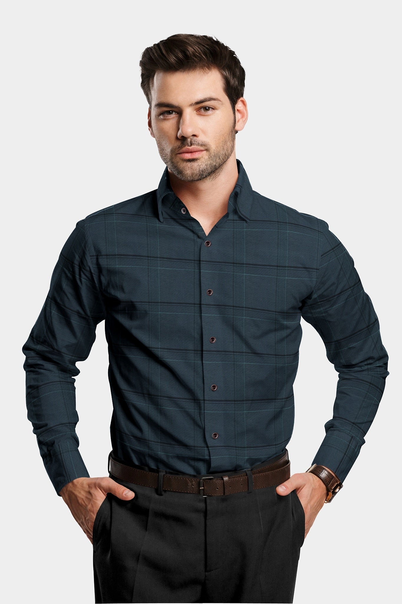 Dark Slate Gray with Black and Light Turquoise Blue Plaid Men's Cotton Shirt