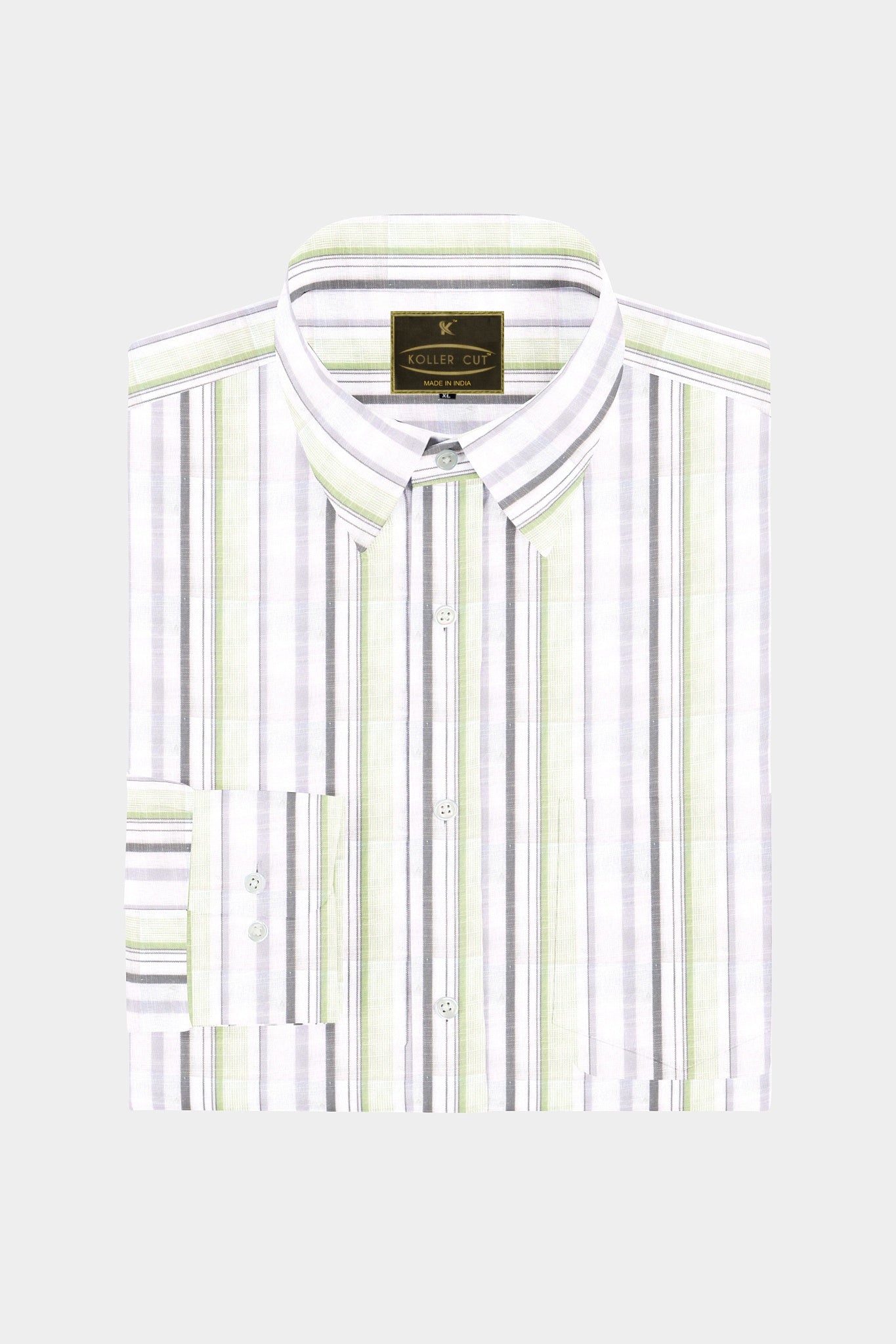 White with Dark Grey and Olive Green Multitrack Stirpes Linen Shirt