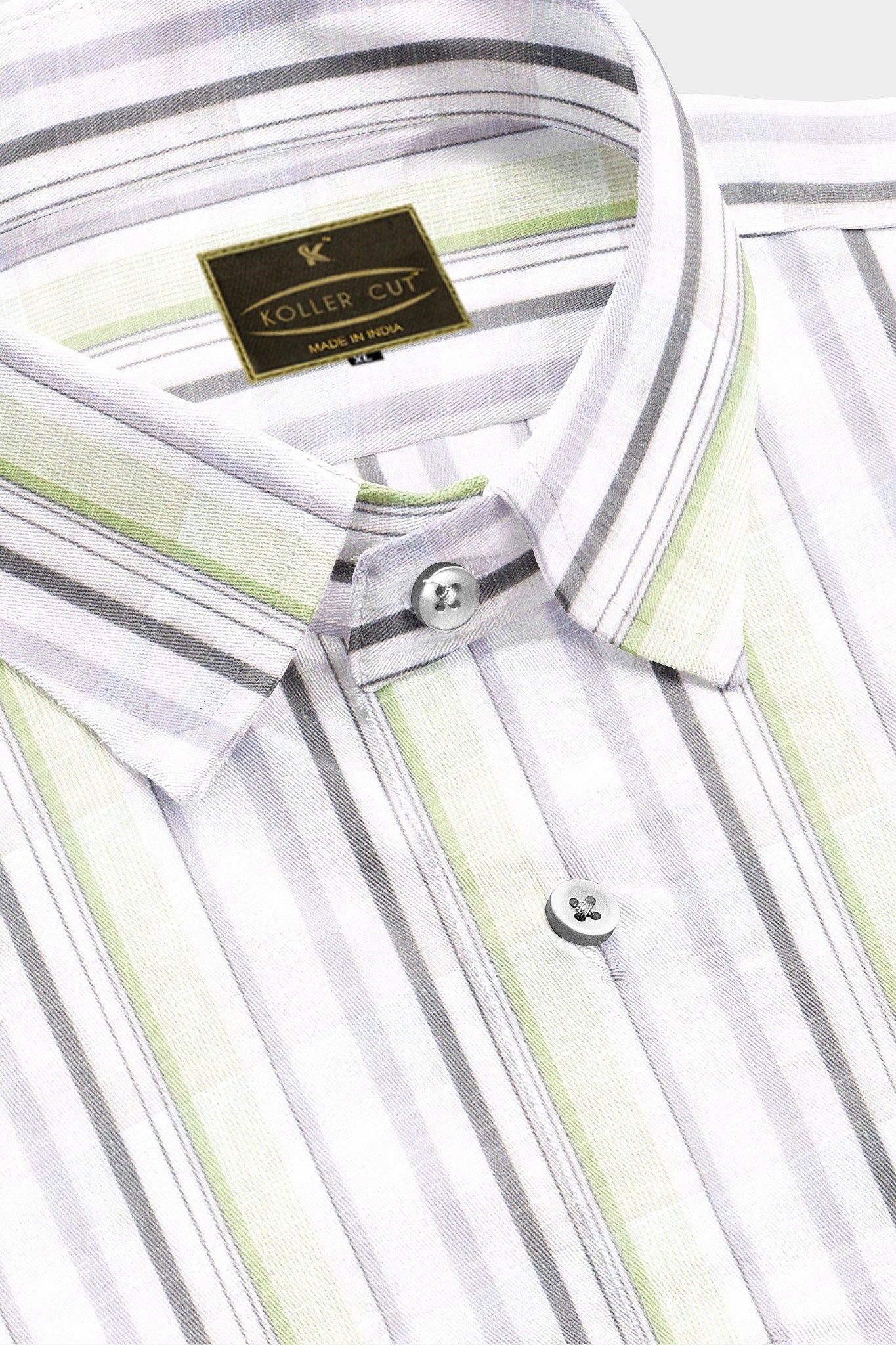 White with Dark Grey and Olive Green Multitrack Stirpes Linen Shirt