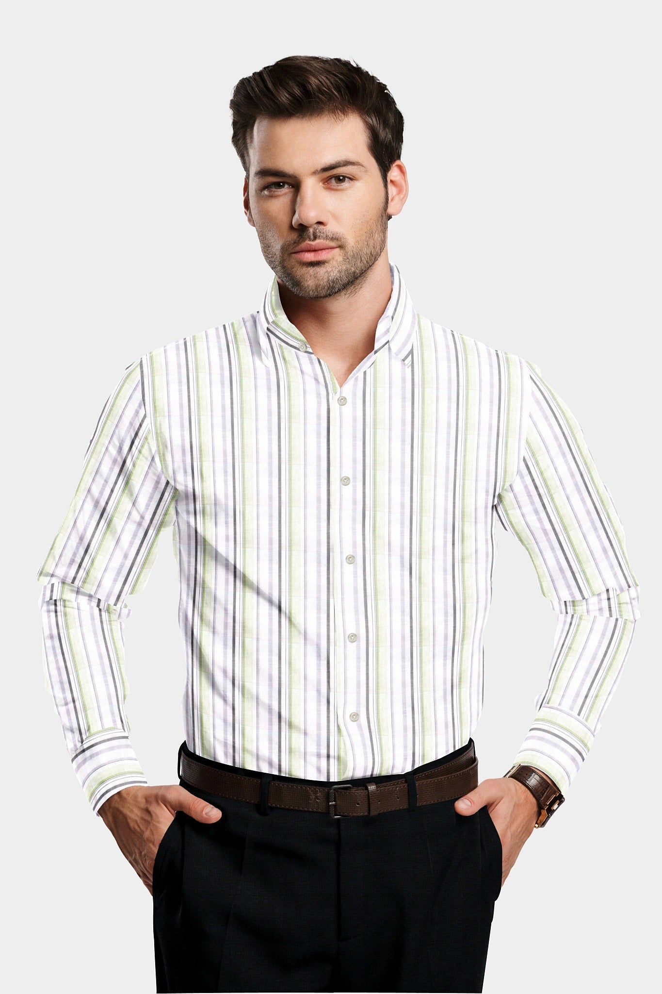 White with Dark Grey and Olive Green Multitrack Stirpes Linen Shirt