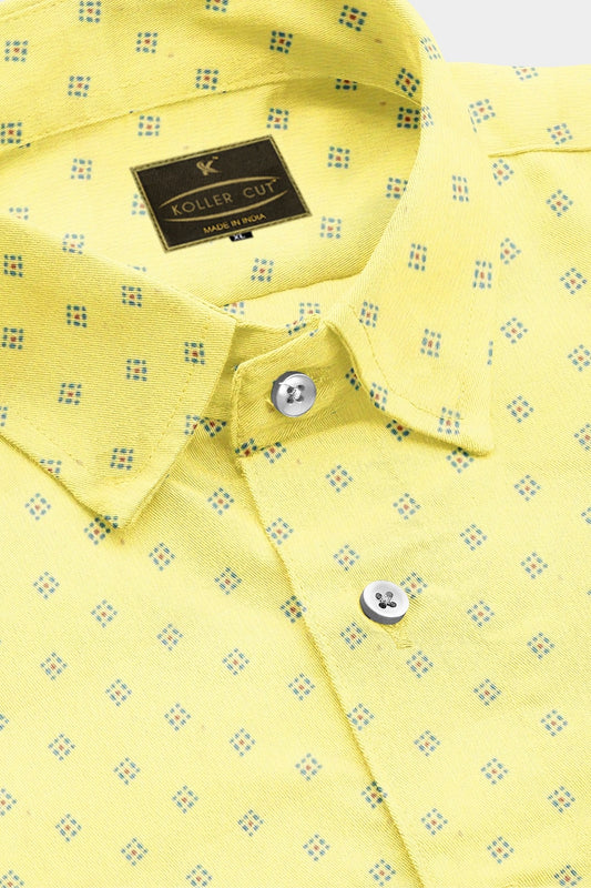Lemon Yellow with Navy and Red Square Printed Cotton Shirt