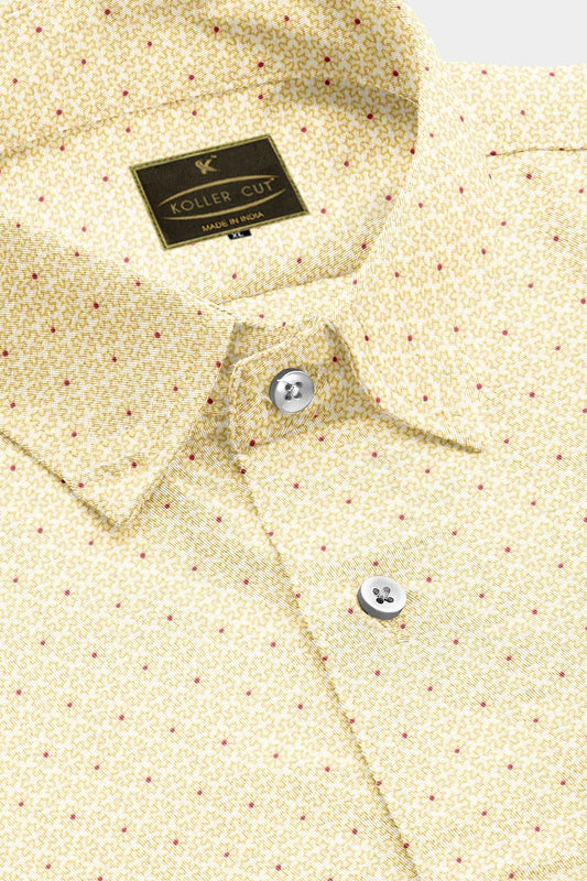 White with Golden Shuriken and Red Swiss Dot Pattern Printed Cotton Shirt