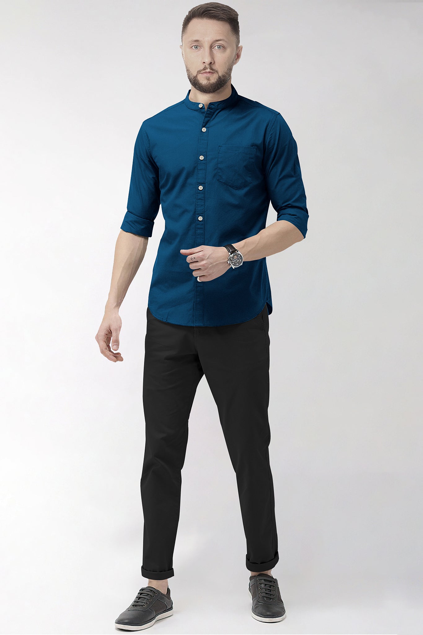 Royal Blue Mandarin Plain Men's Cotton Shirt