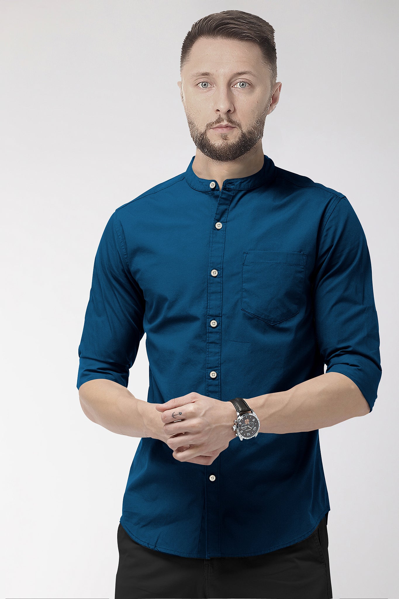 Royal Blue Mandarin Plain Men's Cotton Shirt