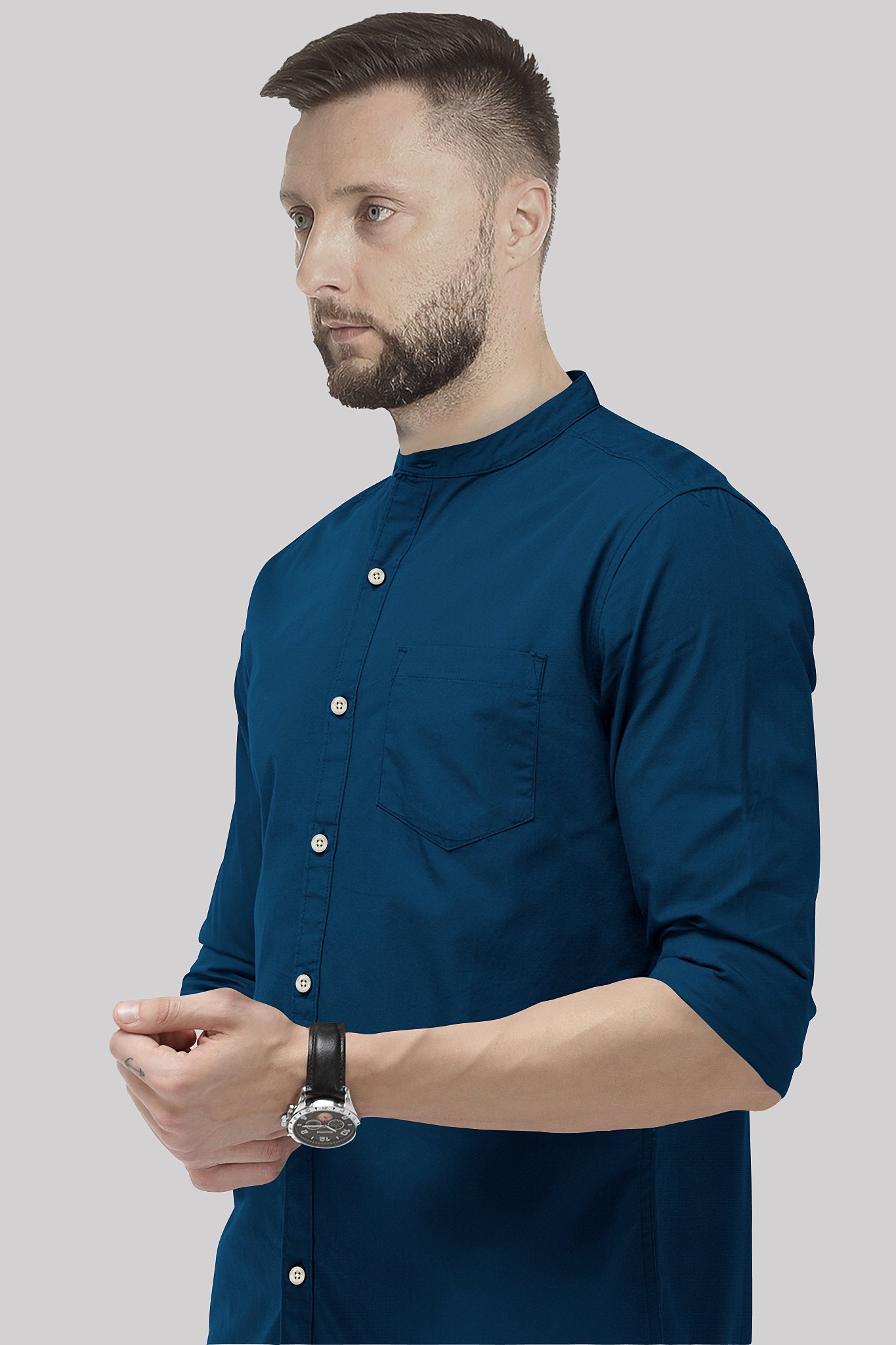 Royal Blue Mandarin Plain Men's Cotton Shirt