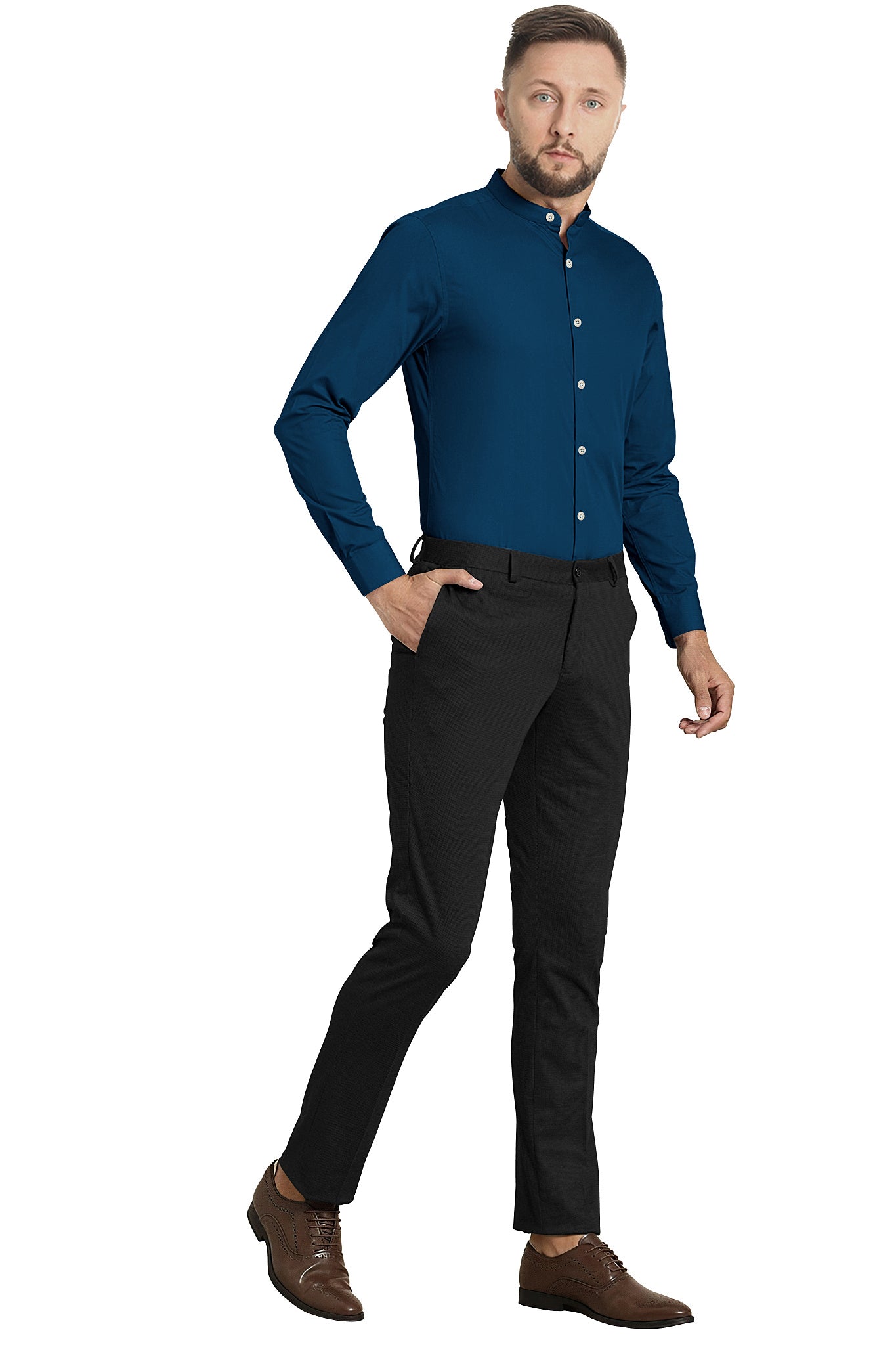 Royal Blue Mandarin Plain Men's Cotton Shirt