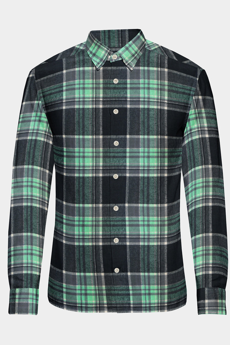 Black and Aqua Green Plaid Organic Cotton Flannel Shirt kollercut