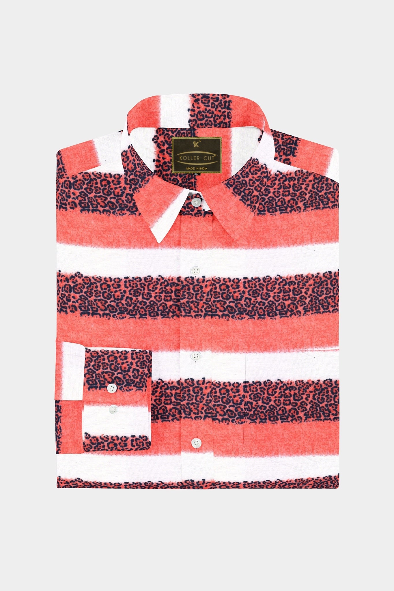 Persian Red and White Stripes Jaguar Pattern Printed Cotton Shirt