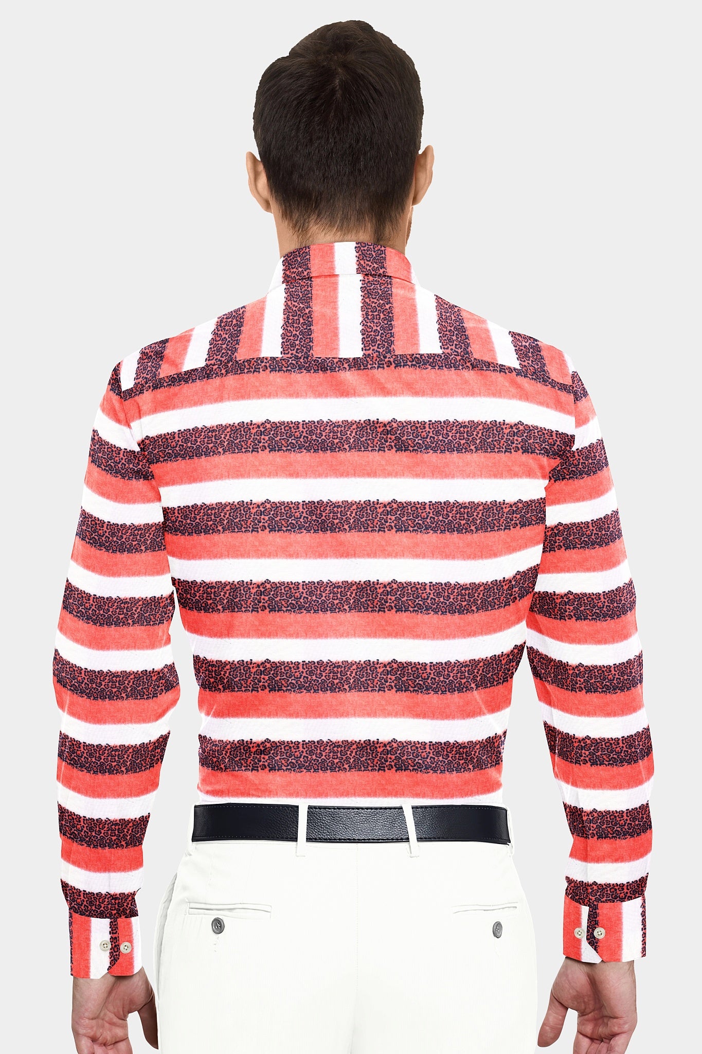 Persian Red and White Stripes Jaguar Pattern Printed Cotton Shirt