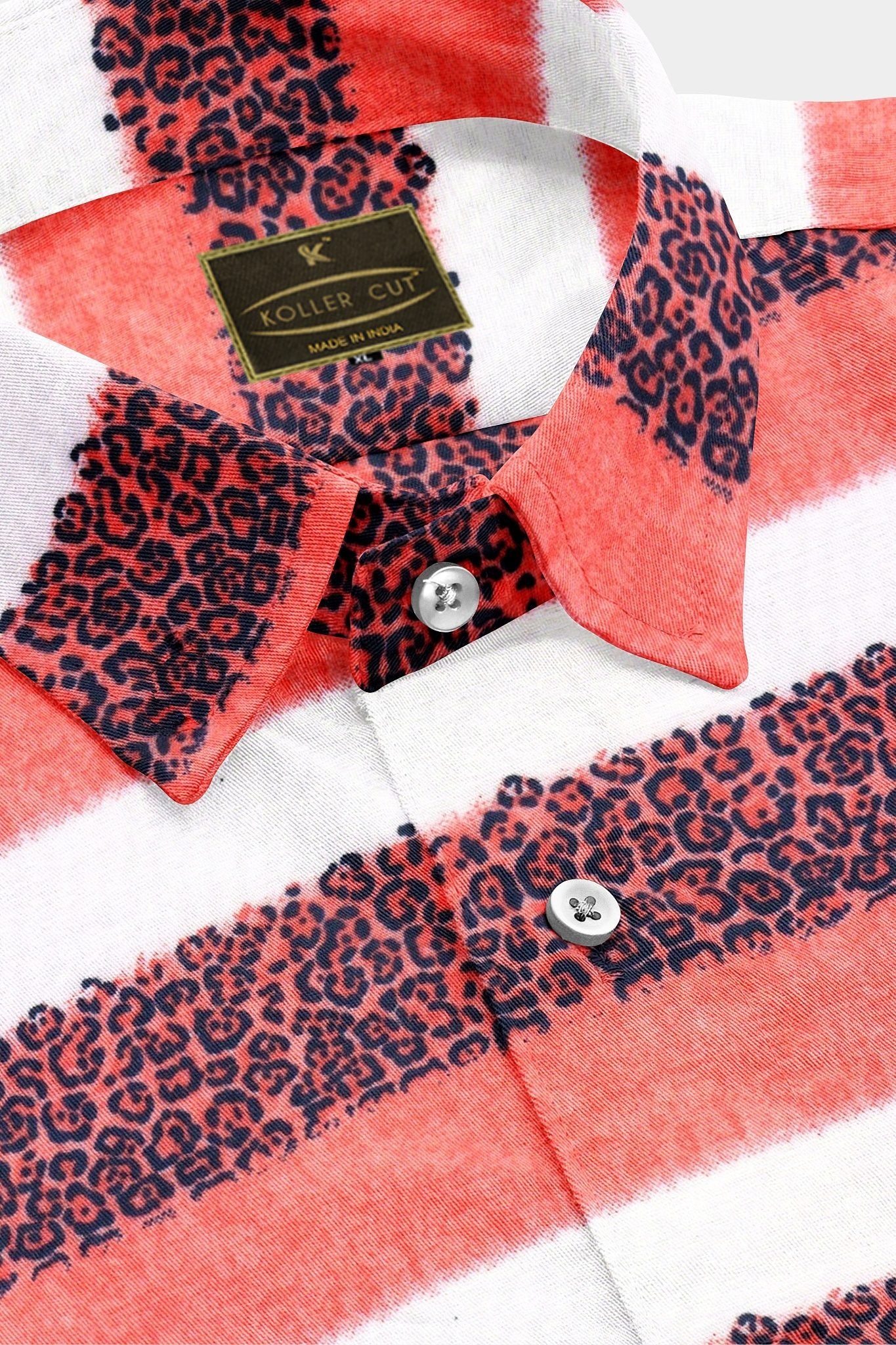 Persian Red and White Stripes Jaguar Pattern Printed Cotton Shirt