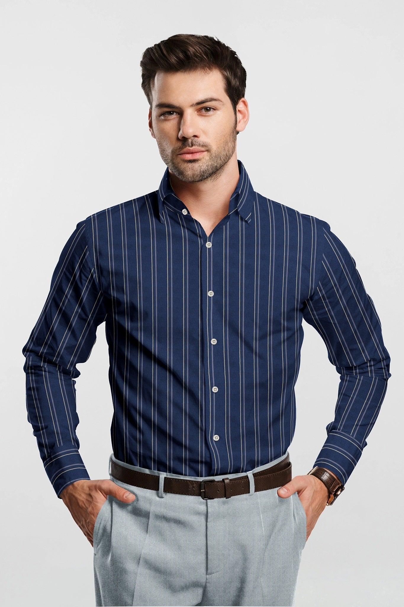Space Blue with Dolphin Grey and White Stripes Cotton Shirt