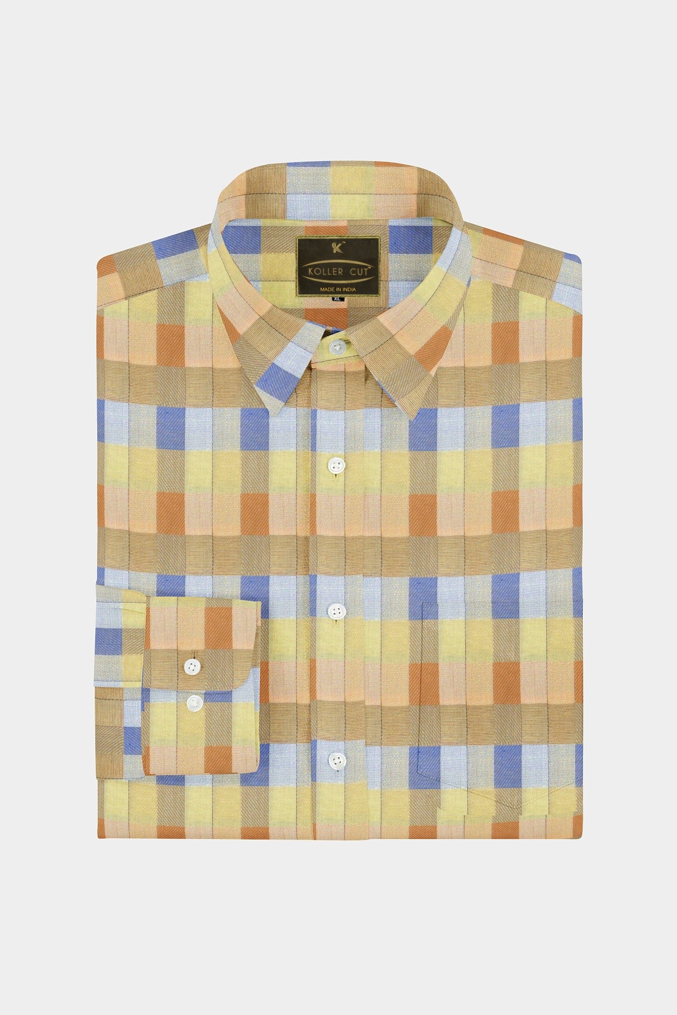 Beige with Dodger Blue Clementine Orange Multicolored Checks Cotton Shirt