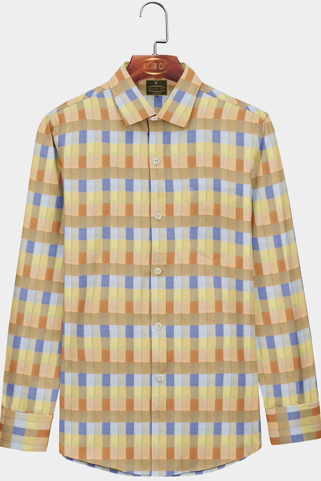 Beige with Dodger Blue Clementine Orange Multicolored Checks Cotton Shirt