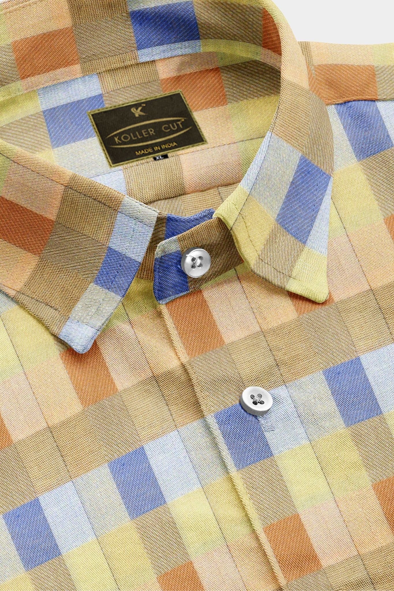 Beige with Dodger Blue Clementine Orange Multicolored Checks Cotton Shirt