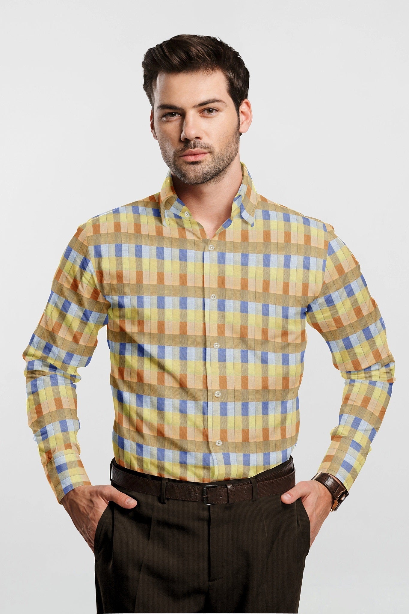 Beige with Dodger Blue Clementine Orange Multicolored Checks Cotton Shirt