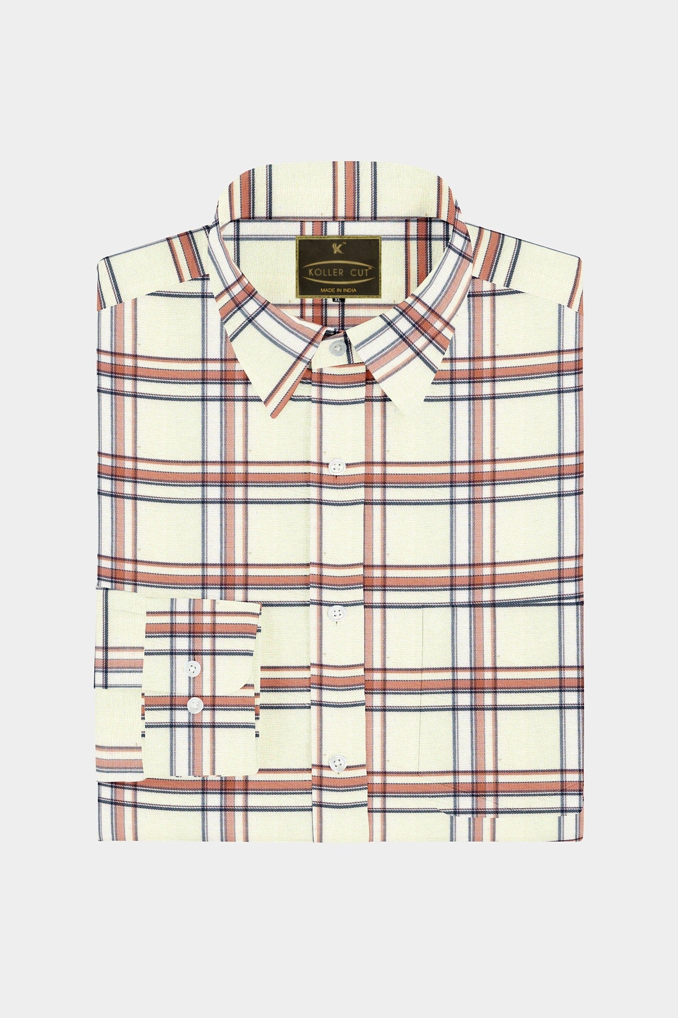 Ivory White and Rusty Brown Checks Cotton Shirt