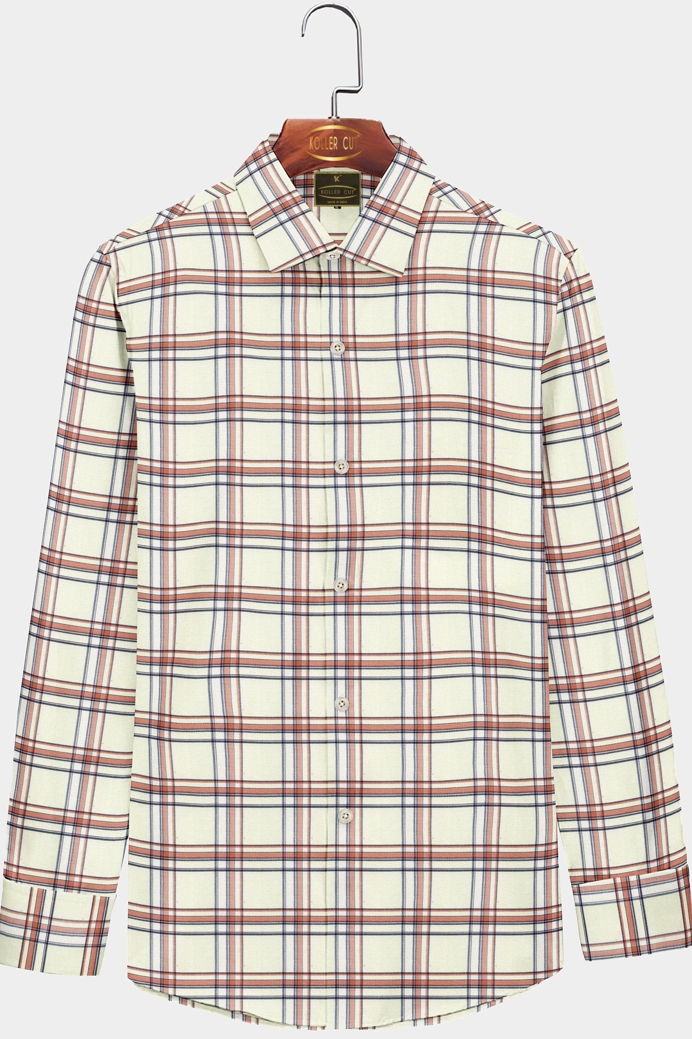 Ivory White and Rusty Brown Checks Cotton Shirt