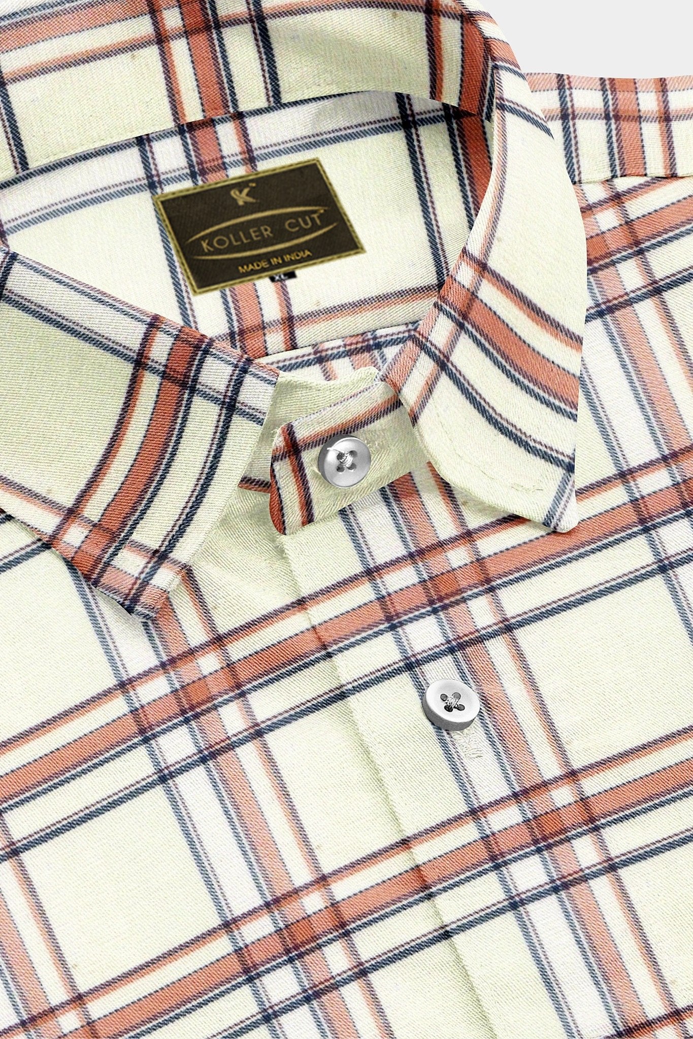 Ivory White and Rusty Brown Checks Cotton Shirt