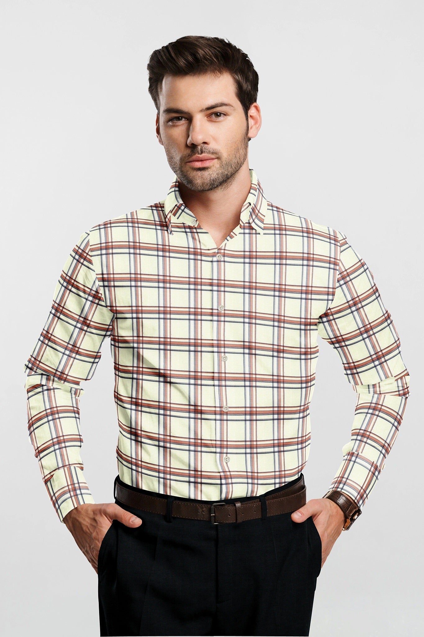 Ivory White and Rusty Brown Checks Cotton Shirt