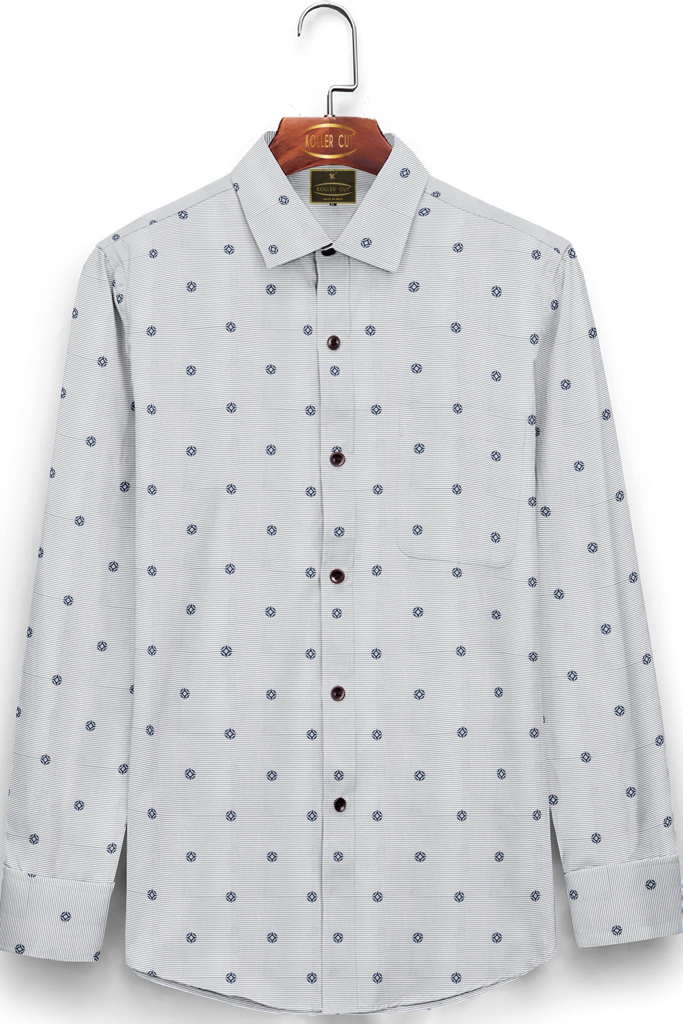 Quartz White with Olive Pinstriped Denim Blue Buti Patterned Printed Cotton Shirt
