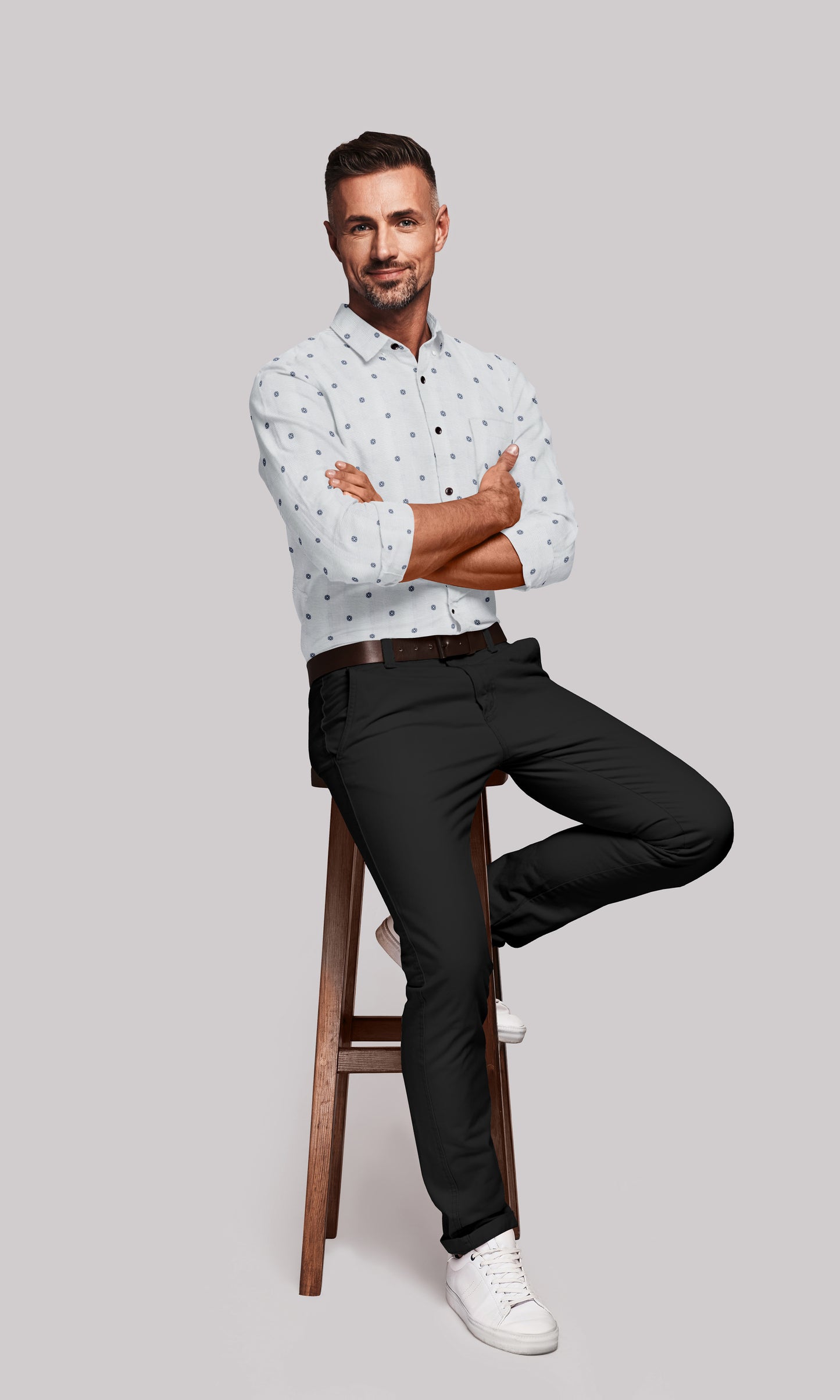 Quartz White with Olive Pinstriped Denim Blue Buti Patterned Printed Cotton Shirt