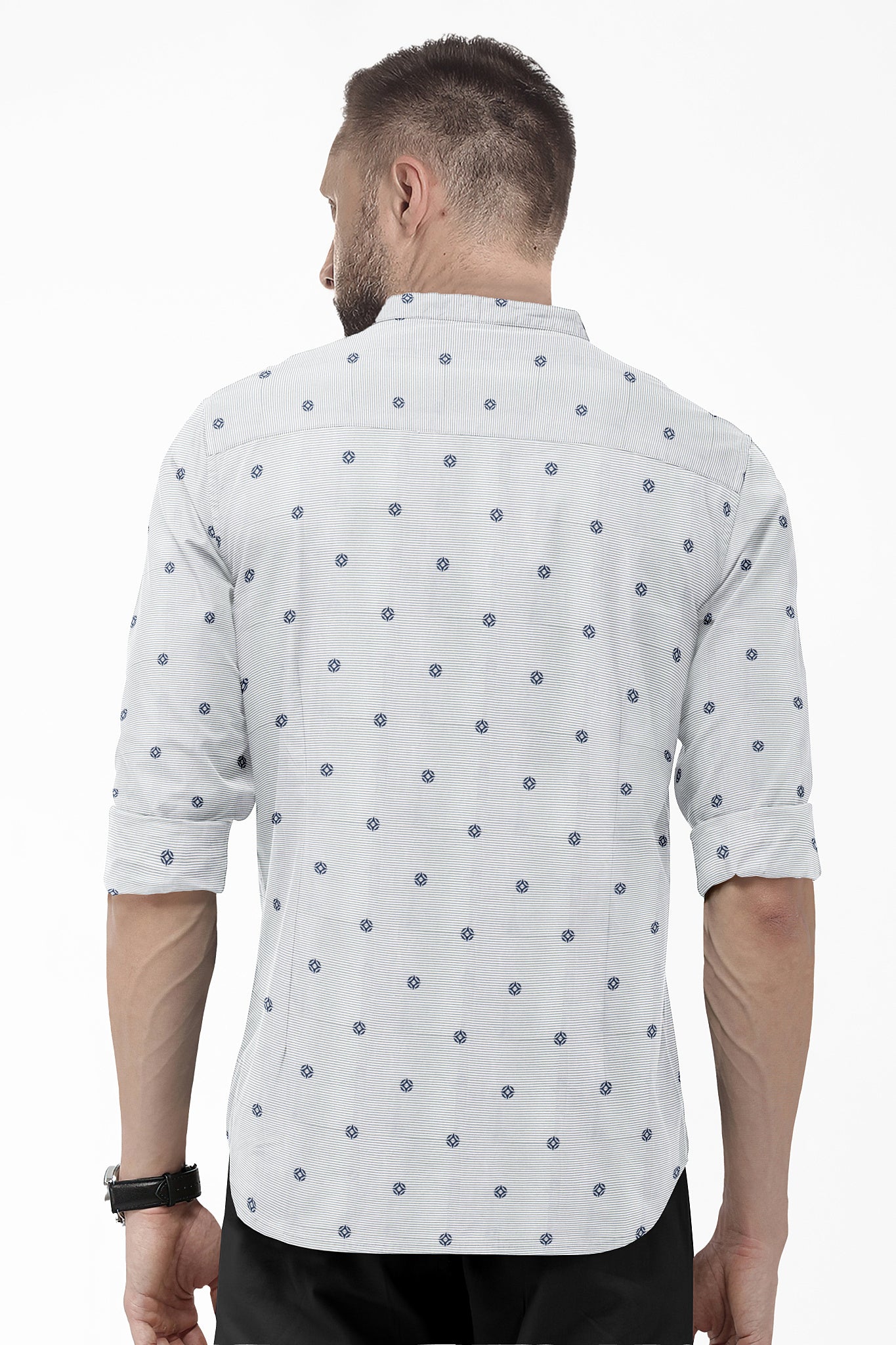 Quartz White with Olive Pinstriped Denim Blue Buti Patterned Printed Cotton Shirt