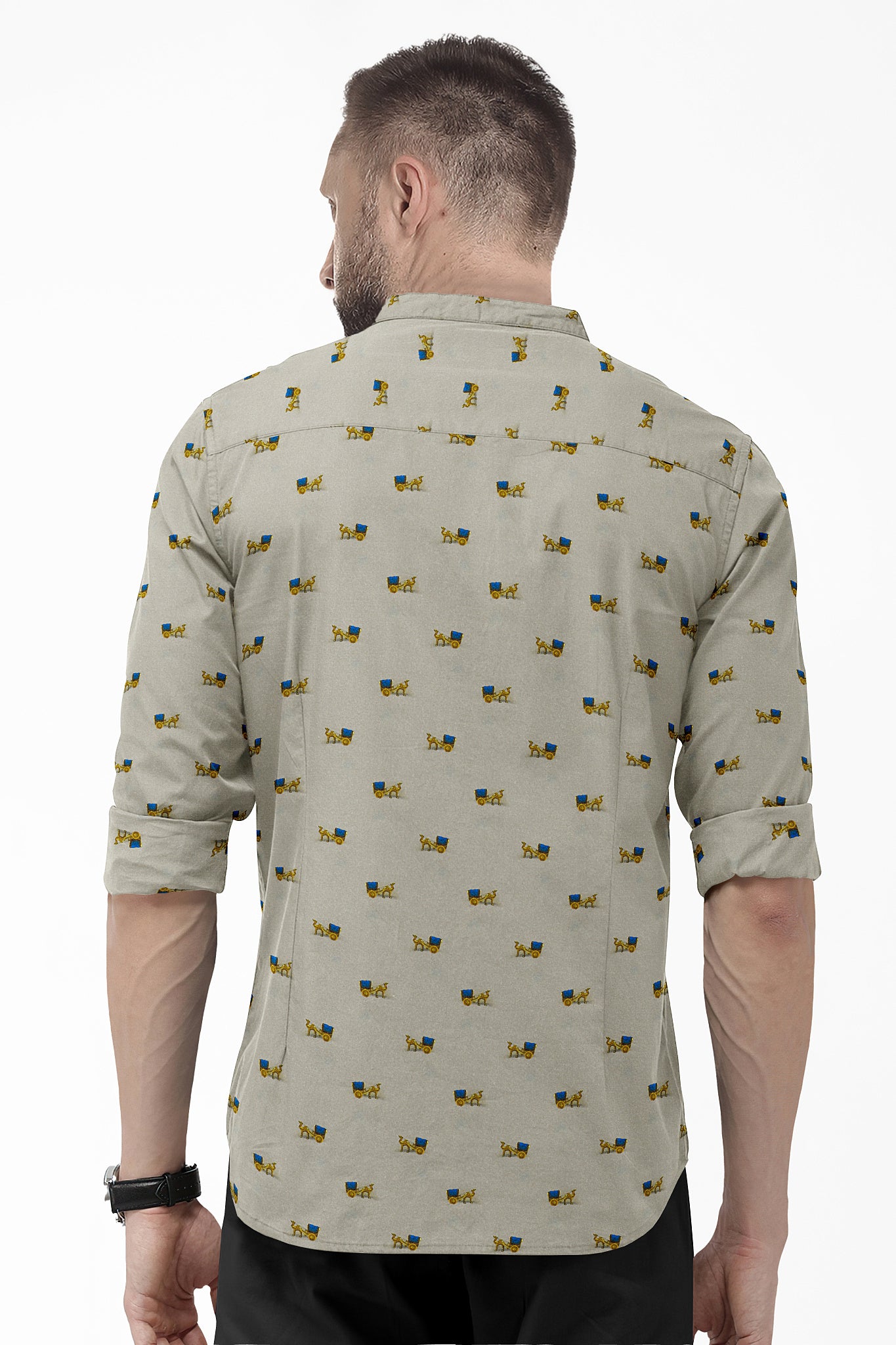 Hazel Wood Cream with Golden Camel Cart Printed Mens Giza Cotton Shirt