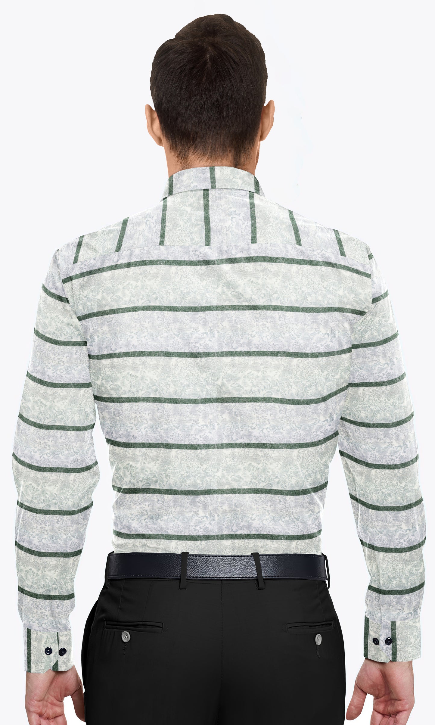 White with Como Green Stripes and Floral Printed Men's Giza Cotton Shirt