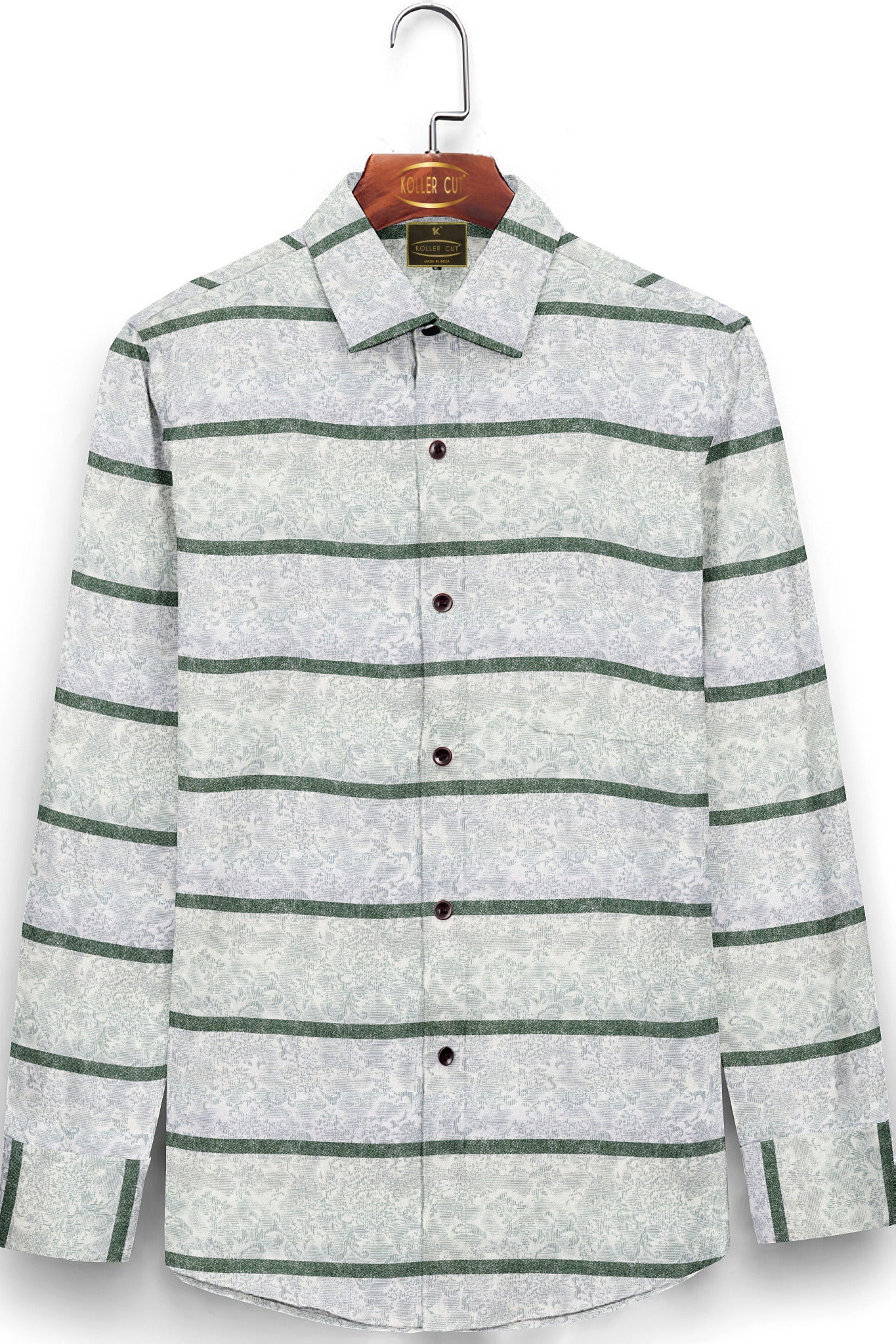White with Como Green Stripes and Floral Printed Men's Giza Cotton Shirt