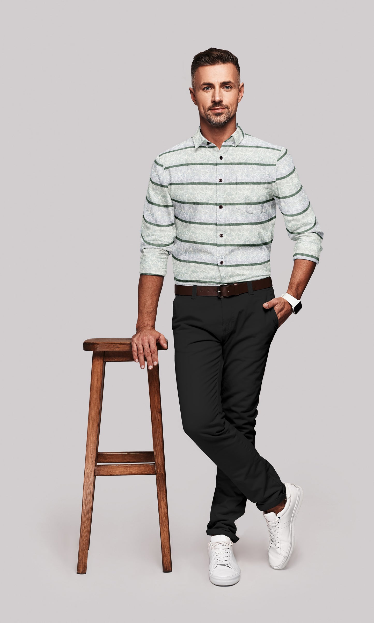 White with Como Green Stripes and Floral Printed Men's Giza Cotton Shirt