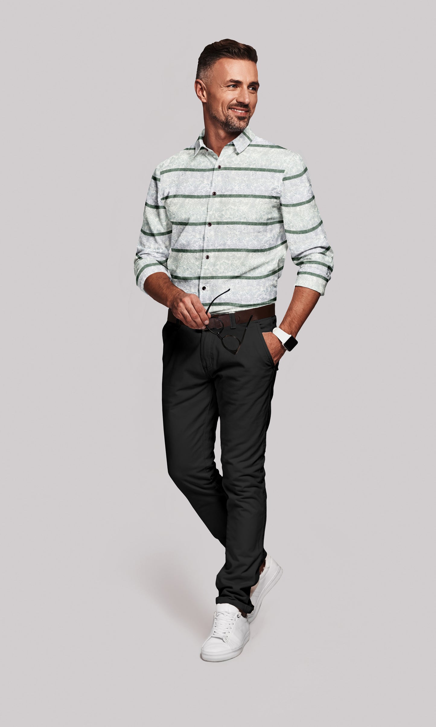White with Como Green Stripes and Floral Printed Men's Giza Cotton Shirt
