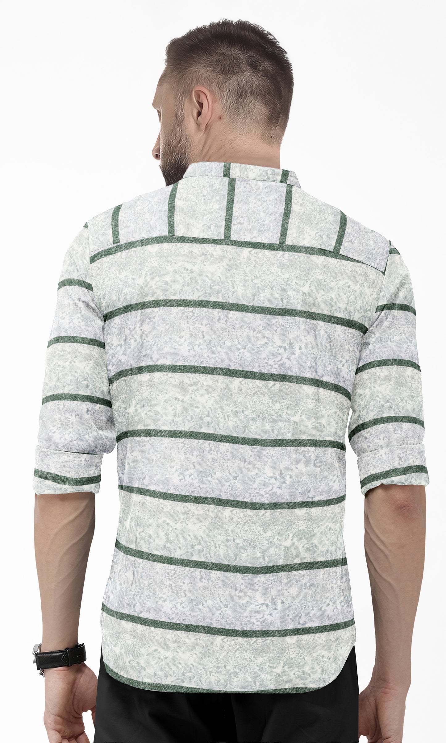 White with Como Green Stripes and Floral Printed Men's Giza Cotton Shirt