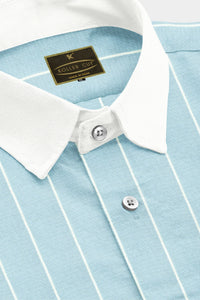 Blizzard Blue and White Wide Pinstripes Designer Cotton Linen Shirt