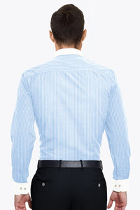 White with Sky-blue Hickory Stripes Designer Cotton Linen Shirt