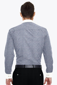 Denim Blue and White Pinstripes Designer Cotton Linen Shirt