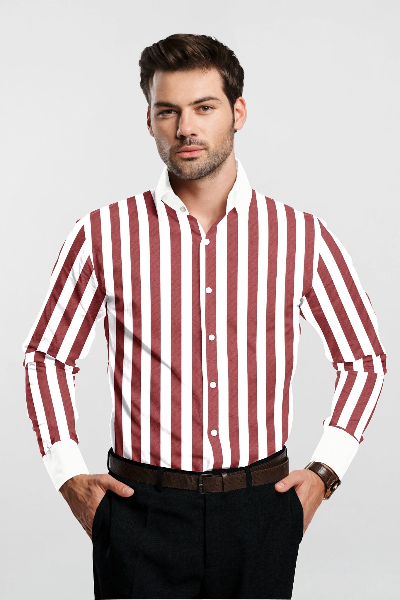 White and Brick Red Awning Stripes Designer Cotton Shirt