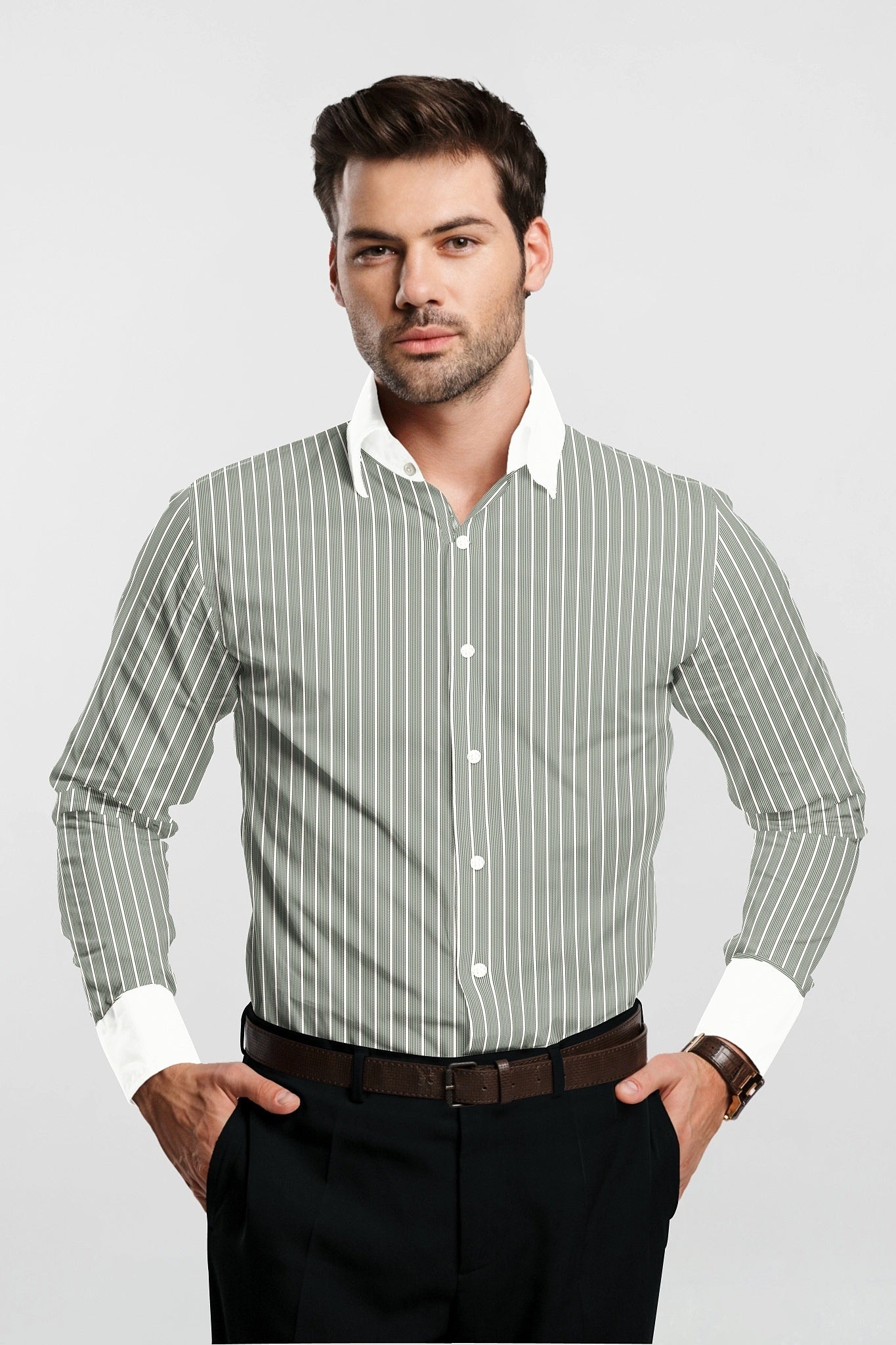 Chive Green and White Stripes Designer Cotton Shirt